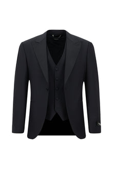 Koyu Lacivert Slim Fit Dar Kesim Sivri Yaka Yelekli Yünlü Smokin & Damatlık