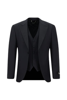 Koyu Lacivert 7 Drop Slim Fit Dar Kesim Sivri Yaka Yelekli Yünlü Smokin & Damatl?k-Abdullah Ki??l?