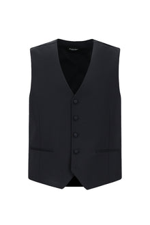 Koyu Lacivert Slim Fit Dar Kesim Sivri Yaka Yelekli Yünlü Smokin & Damatlık