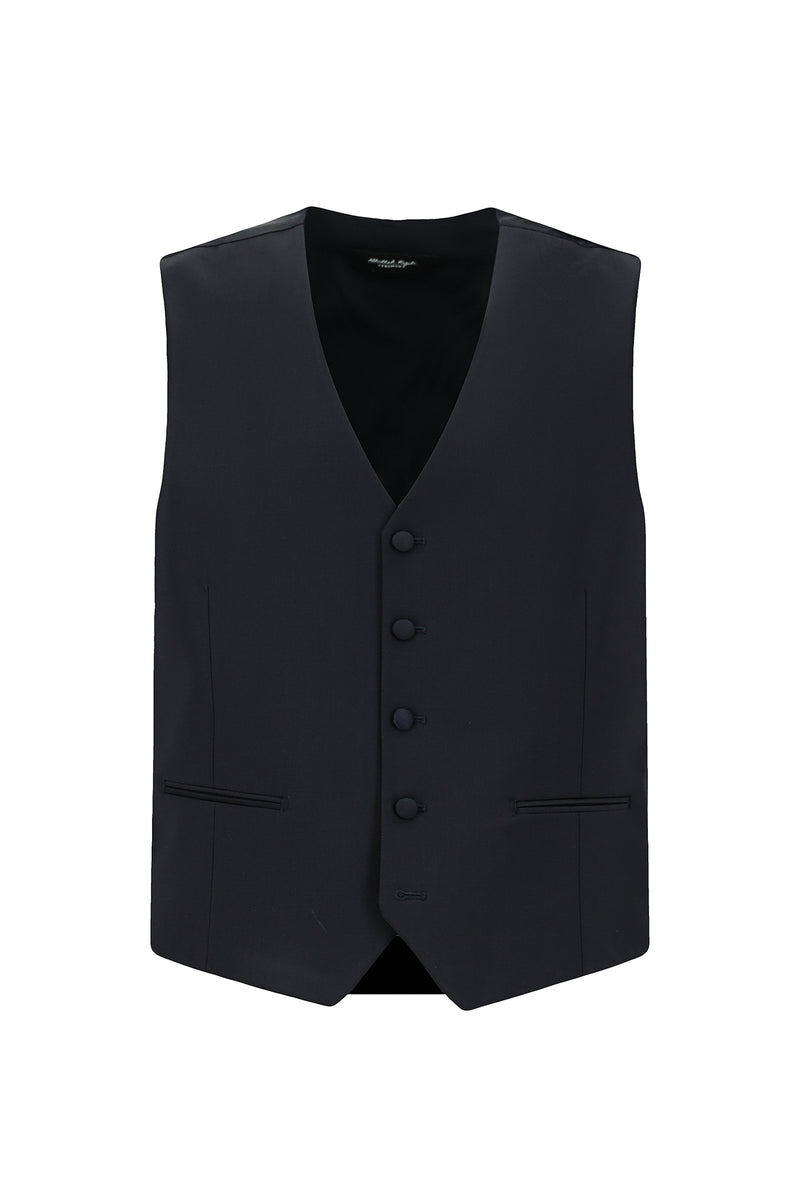 Koyu Lacivert Slim Fit Dar Kesim Sivri Yaka Yelekli Yünlü Smokin & Damatlık