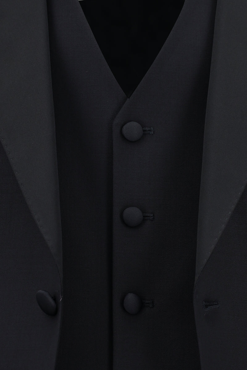 Koyu Lacivert 7 Drop Slim Fit Dar Kesim Sivri Yaka Yelekli Yünlü Smokin & Damatlık