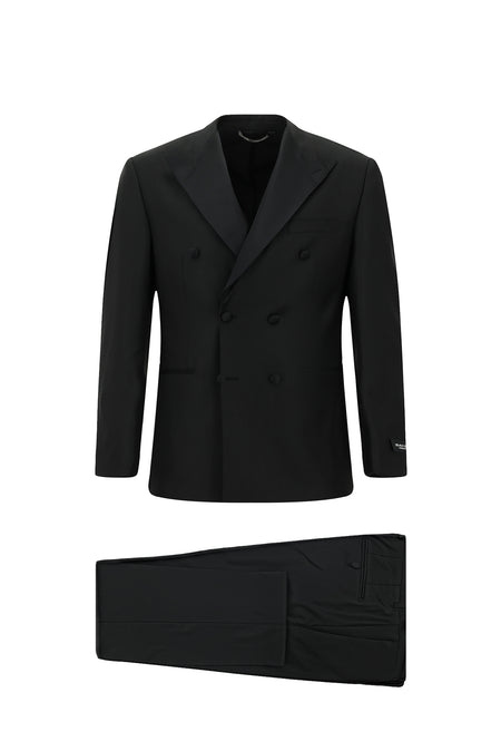 Siyah 6 Drop Regular Fit Standart Kesim Sivri Yaka Yünlü Kruvaze Smokin & Damatlık