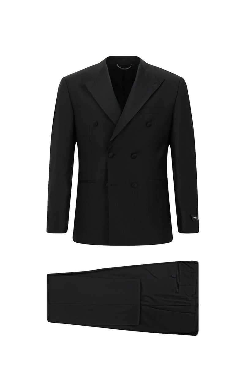 Siyah 6 Drop Regular Fit Standart Kesim Sivri Yaka Yünlü Kruvaze Smokin & Damatlık