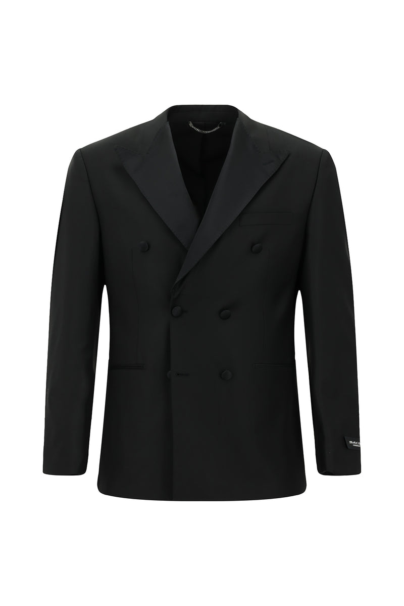 Siyah 6 Drop Regular Fit Standart Kesim Sivri Yaka Yünlü Kruvaze Smokin & Damatlık