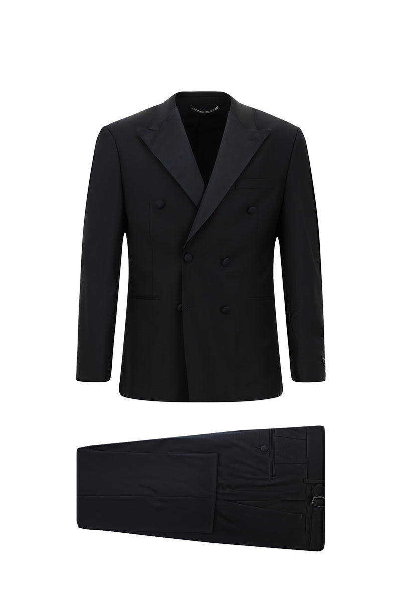 Koyu Lacivert 6 Drop Regular Fit Standart Kesim Sivri Yaka Yünlü Kruvaze Smokin & Damatlık