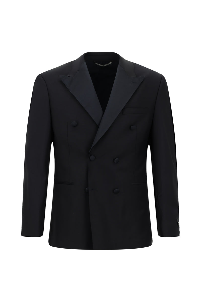 Koyu Lacivert 6 Drop Regular Fit Standart Kesim Sivri Yaka Yünlü Kruvaze Smokin & Damatlık