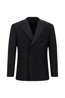 Koyu Lacivert Regular Fit Sivri Yaka Yünlü Kruvaze Smokin & Damatlık