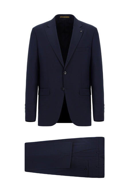 Koyu Lacivert Relaxed Fit Rahat Kesim İtalyan Klasik Desenli Yün Takım Elbise