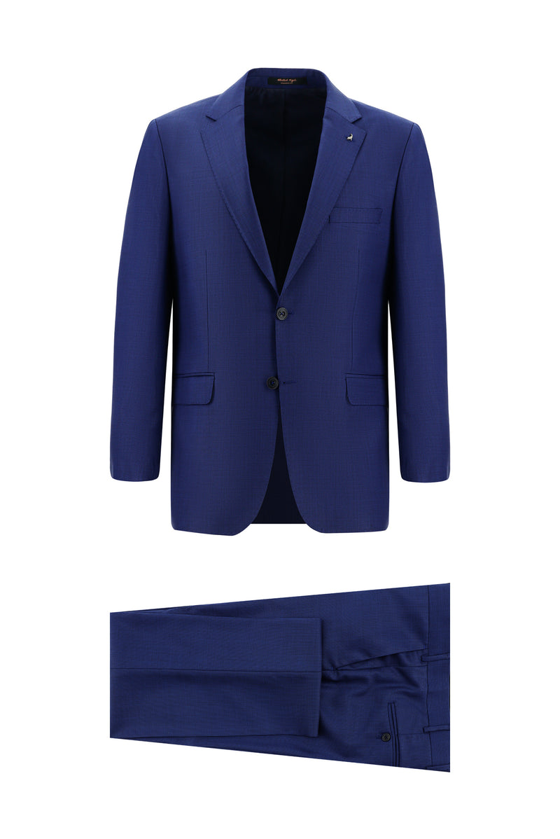 Koyu Mavi  Relaxed Fit Rahat Kesim Klasik Desenli Yün Takım Elbise