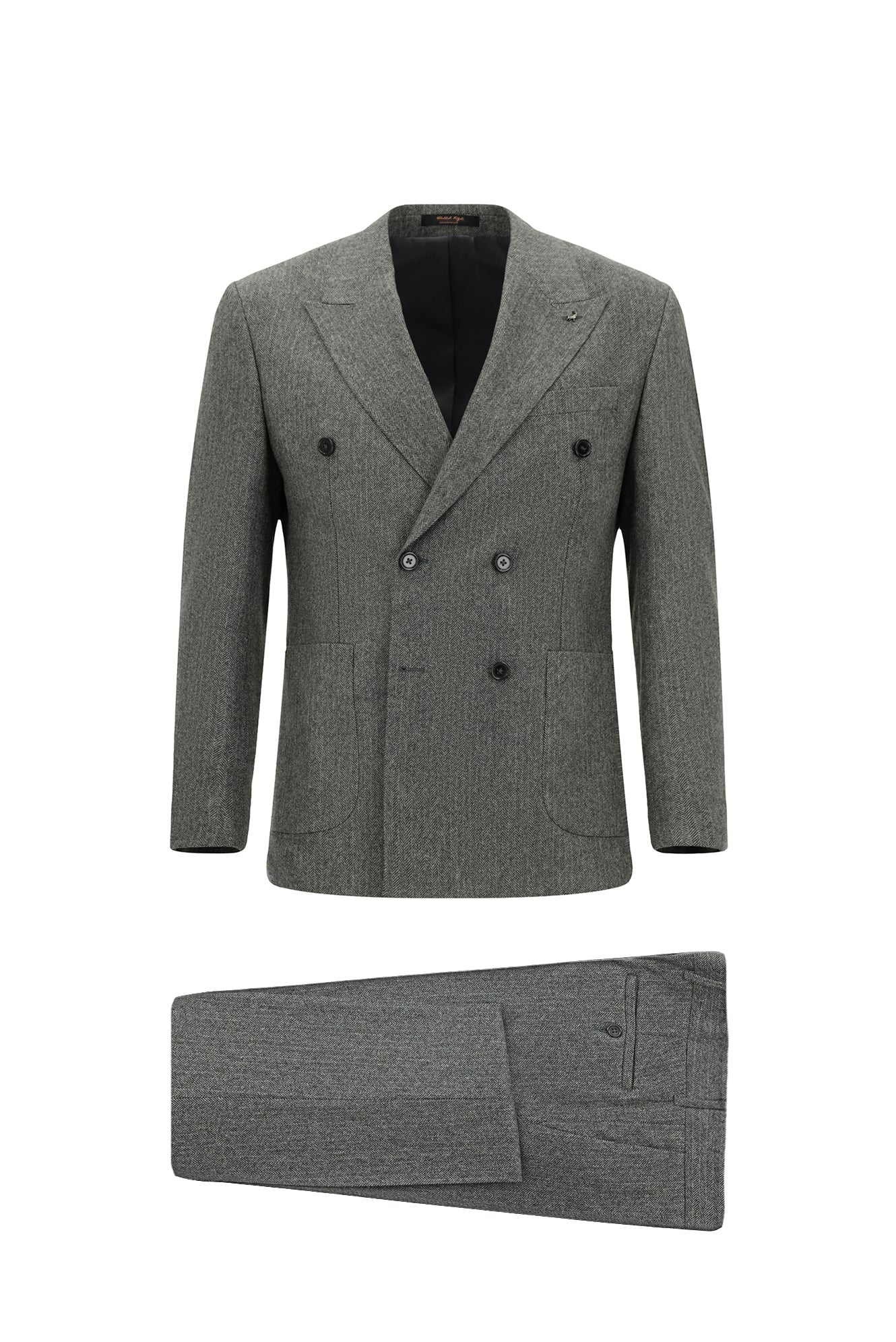 Orta Füme 7 Drop Slim Fit Dar Kesim Desenli Yünlü Kruvaze Tak?m Elbise-Abdullah Ki??l?
