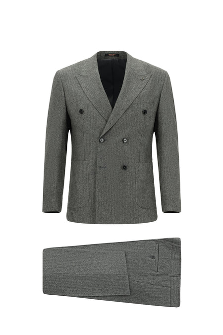 Orta Füme 7 Drop Slim Fit Dar Kesim Desenli Yünlü Kruvaze Tak?m Elbise-Abdullah Ki??l?