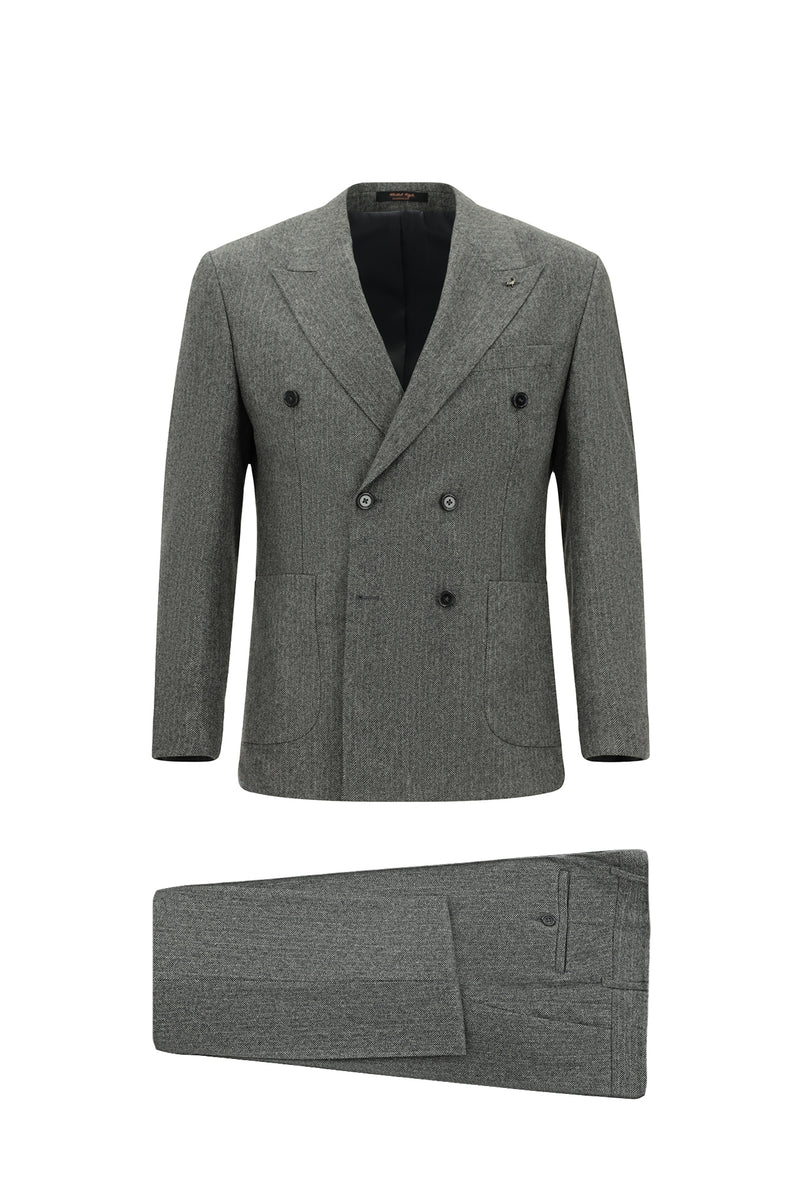 Orta Füme 7 Drop Slim Fit Dar Kesim Desenli Yünlü Kruvaze Tak?m Elbise-Abdullah Ki??l?