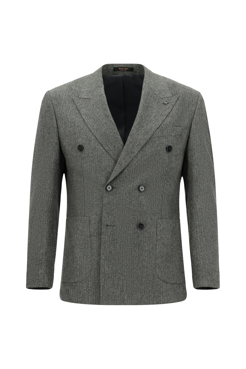 Orta Füme 7 Drop Slim Fit Dar Kesim Desenli Yünlü Kruvaze Tak?m Elbise-Abdullah Ki??l?
