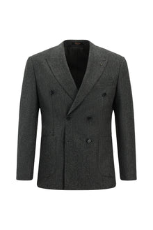 Koyu Füme Slim Fit Dar Kesim Desenli Yünlü Kruvaze Takım Elbise