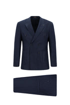 Orta Lacivert Slim Fit Dar Kesim Desenli Yünlü Kruvaze Takım Elbise