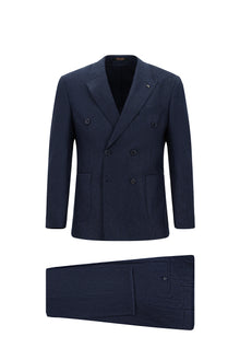 Orta Lacivert Slim Fit Dar Kesim Desenli Yünlü Kruvaze Takım Elbise