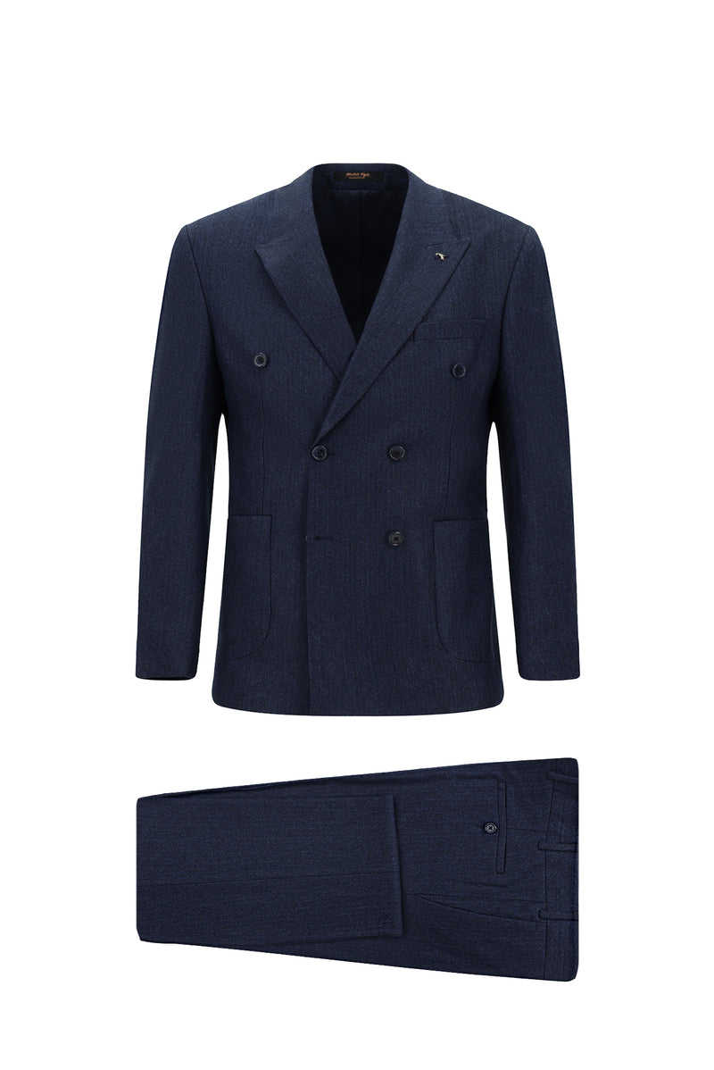 Orta Lacivert Slim Fit Dar Kesim Desenli Yünlü Kruvaze Takım Elbise