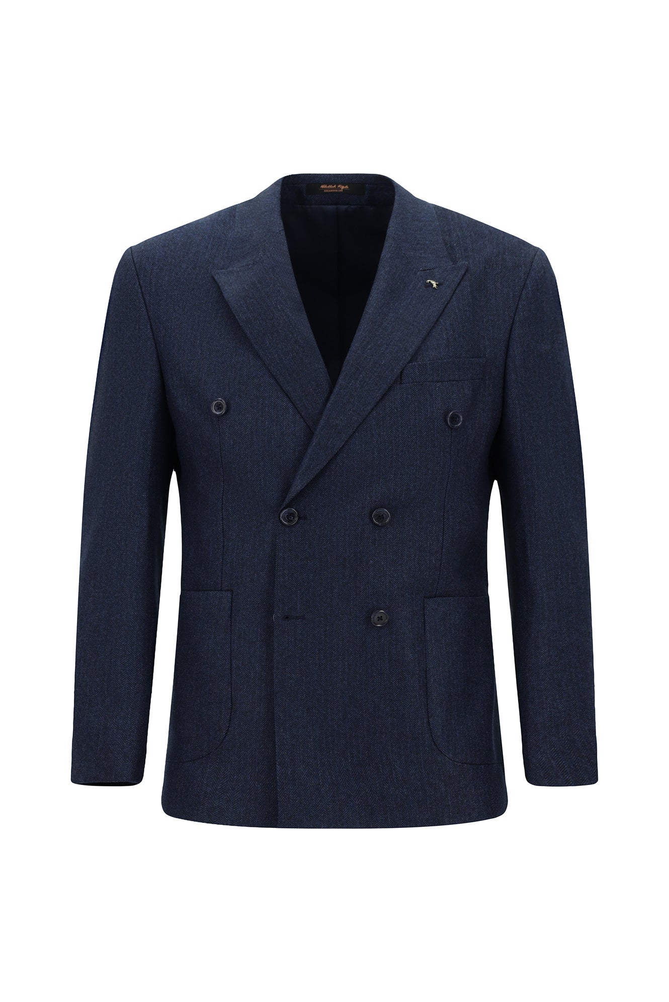 Orta Lacivert Slim Fit Dar Kesim Desenli Yünlü Kruvaze Takım Elbise