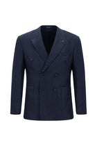 Orta Lacivert Slim Fit Dar Kesim Desenli Yünlü Kruvaze Takım Elbise