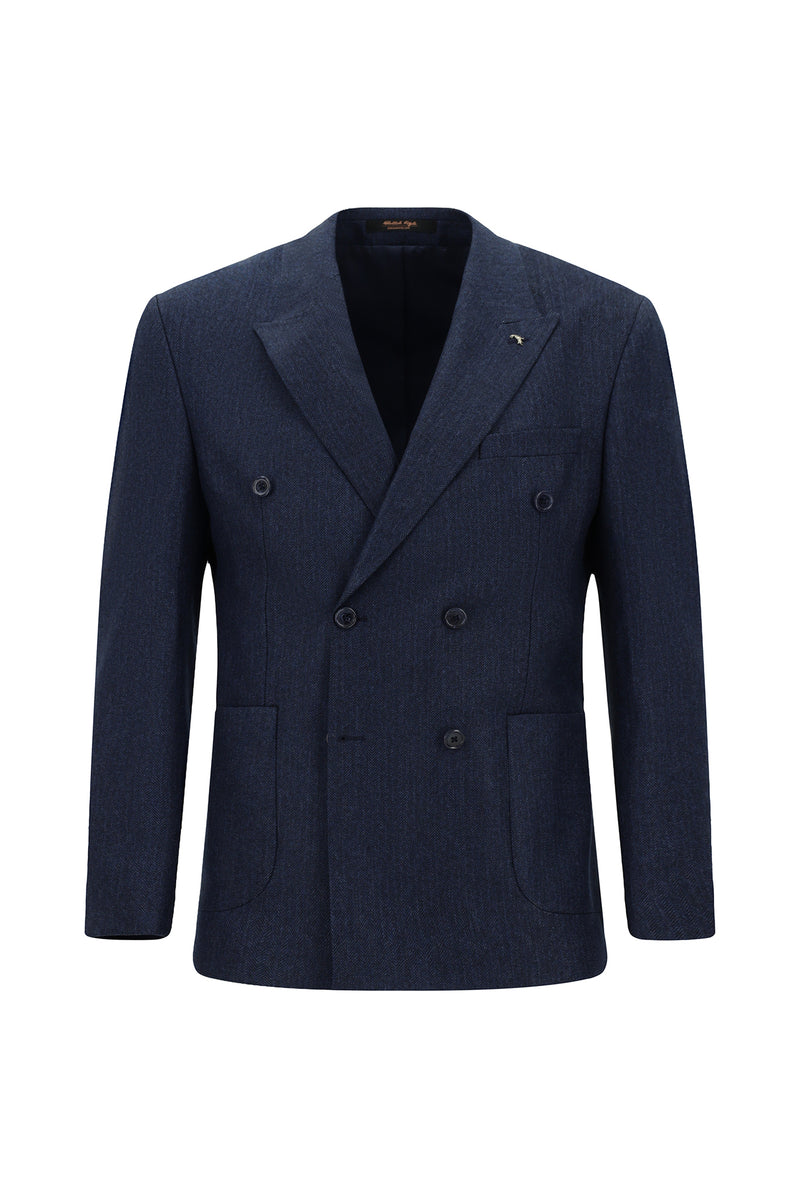 Orta Lacivert Slim Fit Dar Kesim Desenli Yünlü Kruvaze Takım Elbise
