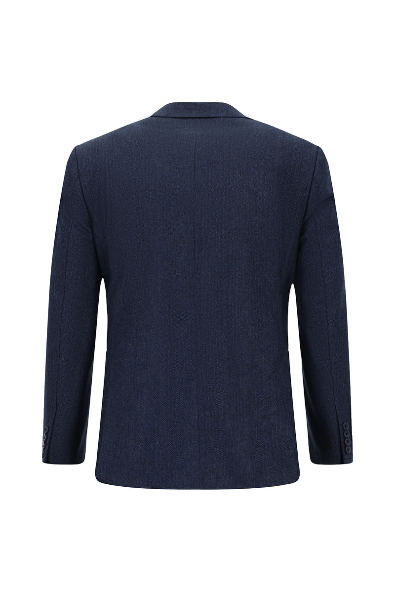 Orta Lacivert Slim Fit Dar Kesim Desenli Yünlü Kruvaze Takım Elbise