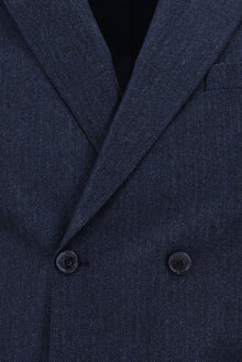Orta Lacivert Slim Fit Dar Kesim Desenli Yünlü Kruvaze Takım Elbise