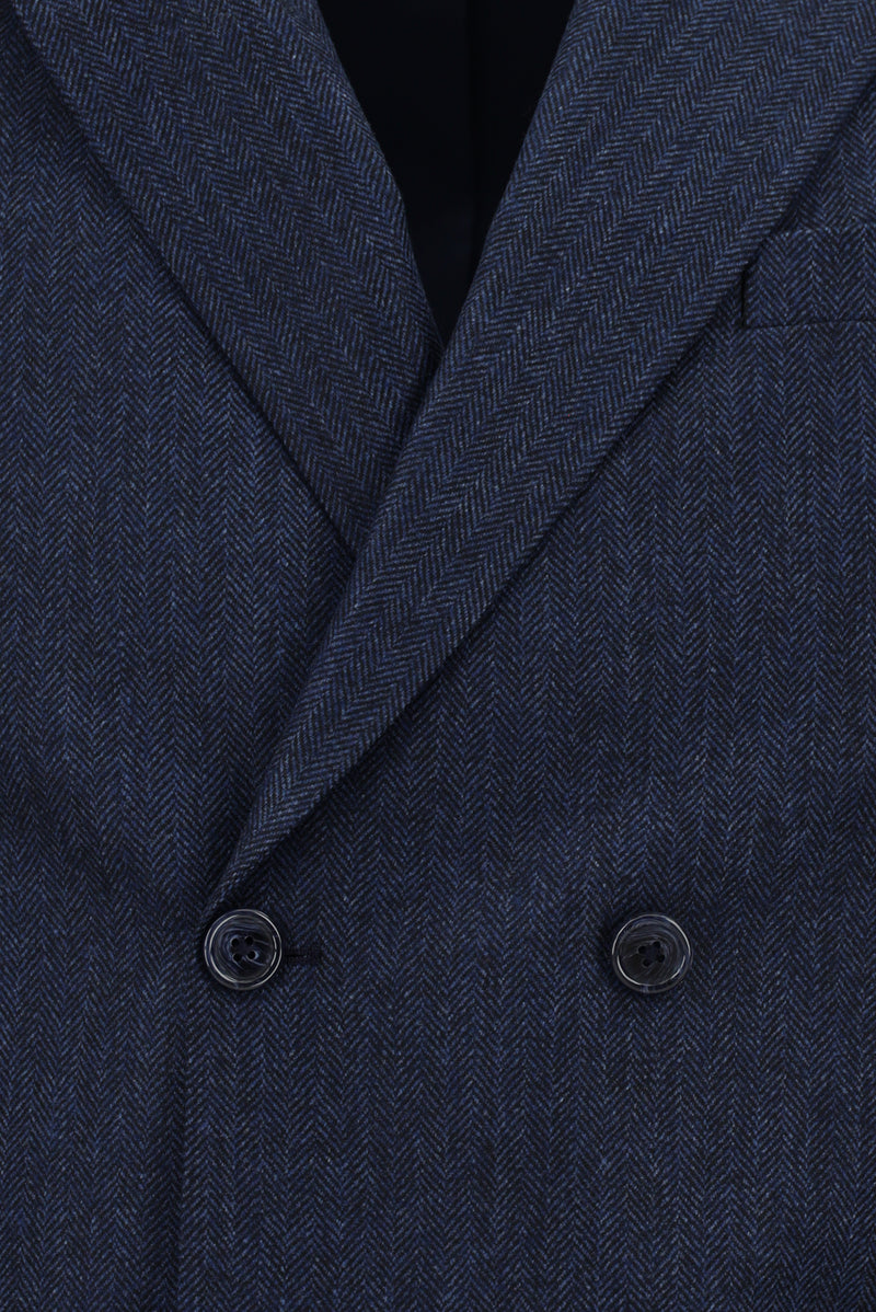 Orta Lacivert Slim Fit Dar Kesim Desenli Yünlü Kruvaze Takım Elbise