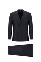 Koyu Lacivert Slim Fit Dar Kesim Desenli Yünlü Kruvaze Takım Elbise