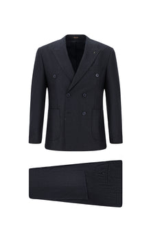 Koyu Lacivert Slim Fit Dar Kesim Desenli Yünlü Kruvaze Takım Elbise