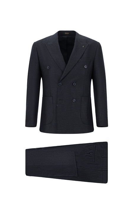 Koyu Lacivert Slim Fit Dar Kesim Desenli Yünlü Kruvaze Takım Elbise