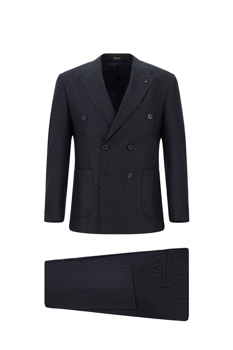 Koyu Lacivert Slim Fit Dar Kesim Desenli Yünlü Kruvaze Takım Elbise
