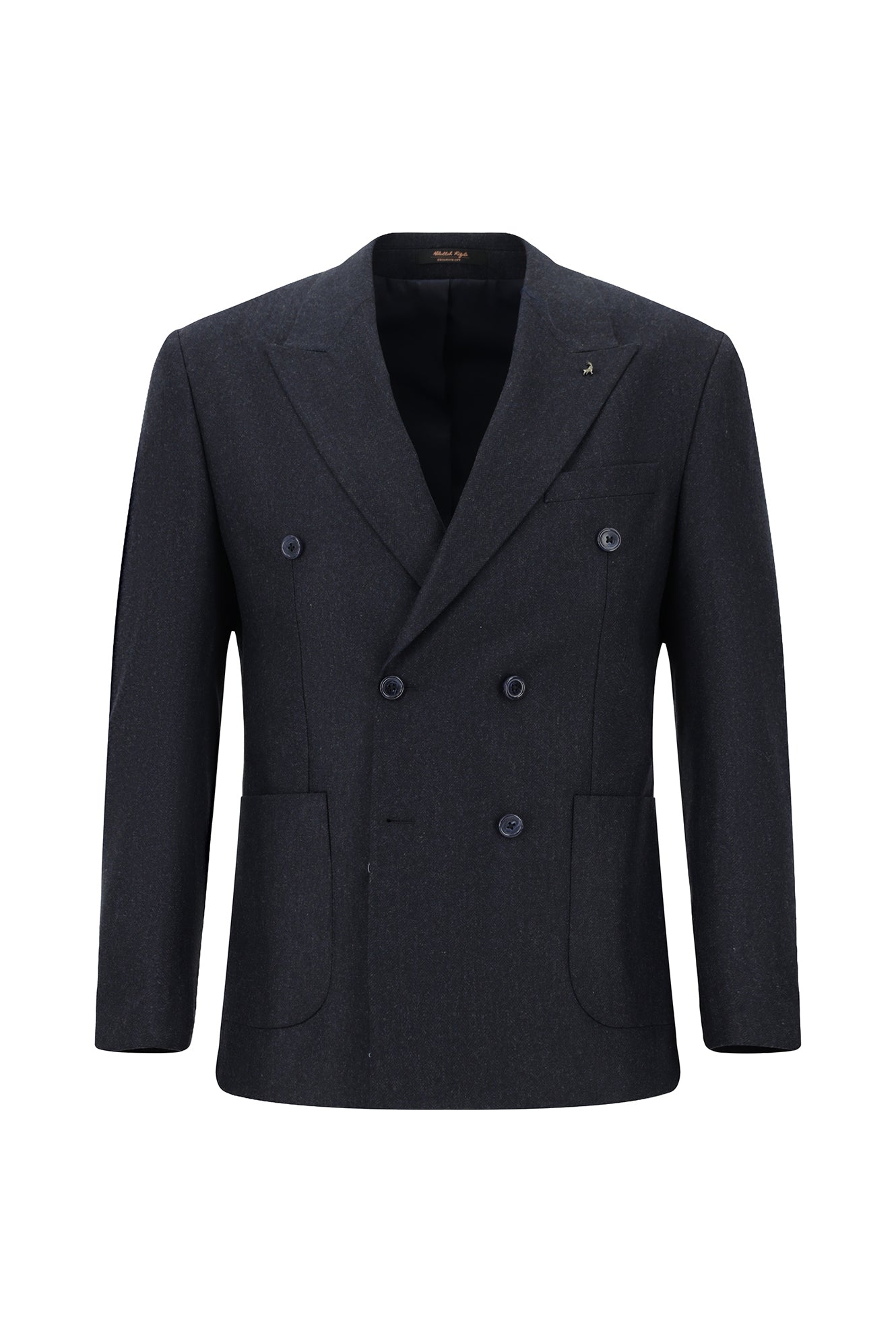 Koyu Lacivert Slim Fit Dar Kesim Desenli Yünlü Kruvaze Takım Elbise
