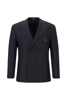 Koyu Lacivert Slim Fit Dar Kesim Desenli Yünlü Kruvaze Takım Elbise