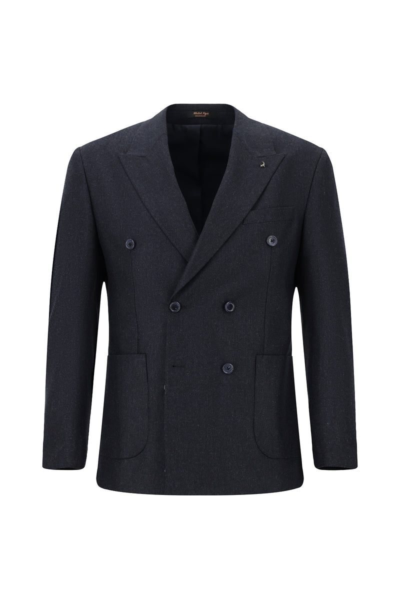 Koyu Lacivert Slim Fit Dar Kesim Desenli Yünlü Kruvaze Takım Elbise