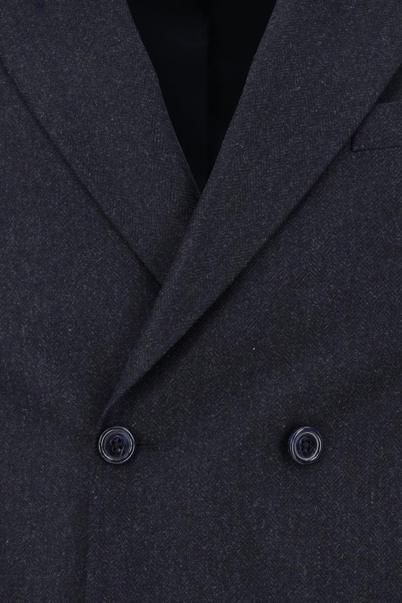 Koyu Lacivert Slim Fit Dar Kesim Desenli Yünlü Kruvaze Takım Elbise