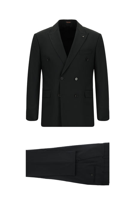 Siyah Regular Fit Yünlü Kuşgözü Kruvaze Takım Elbise