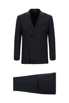 Koyu Lacivert Slim Fit Dar Kesim Yünlü Kuşgözü Kruvaze Takım Elbise