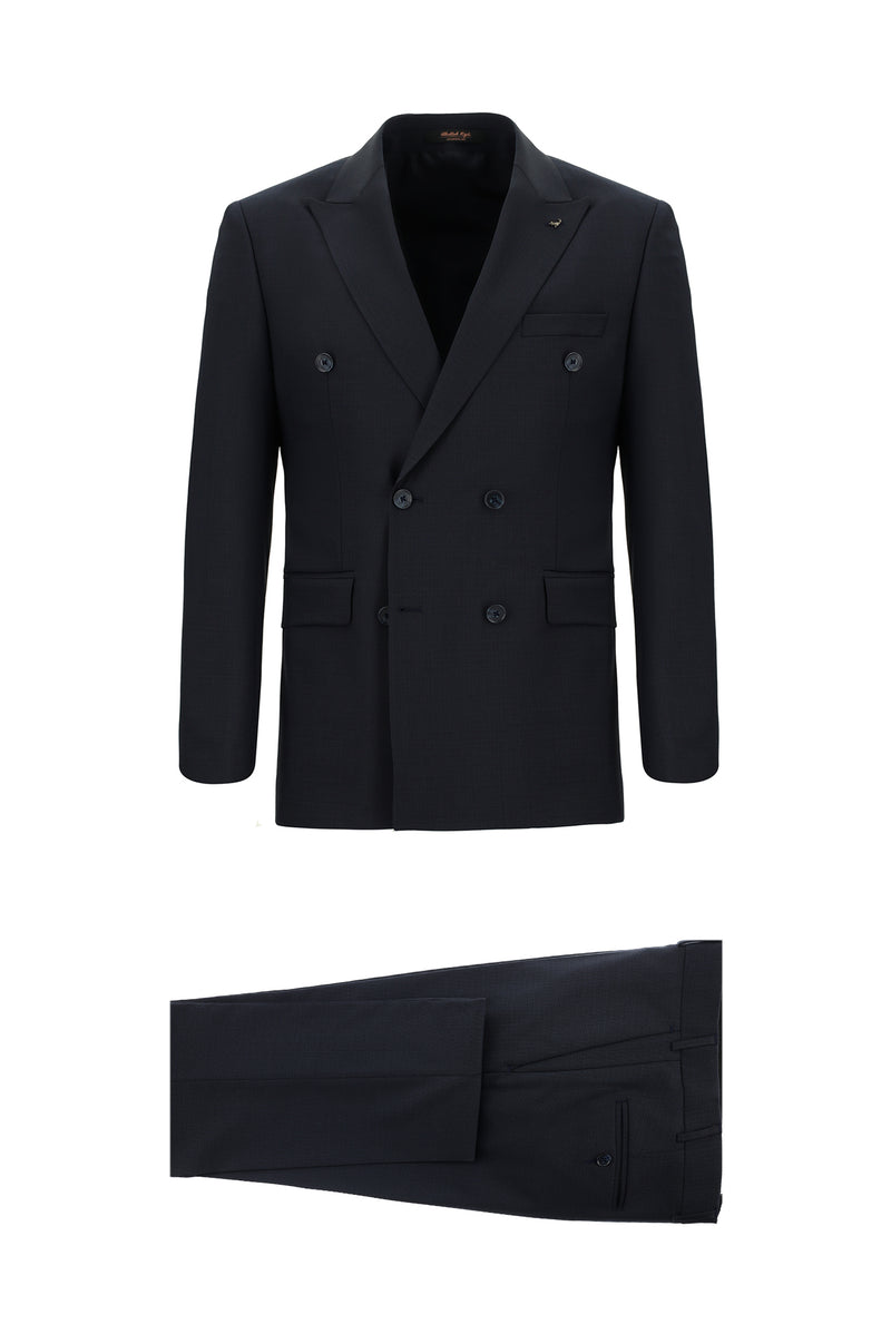 Koyu Lacivert Slim Fit Dar Kesim Yünlü Kuşgözü Kruvaze Takım Elbise
