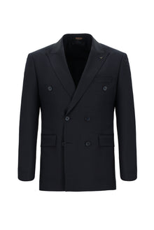 Koyu Lacivert Slim Fit Dar Kesim Yünlü Kuşgözü Kruvaze Takım Elbise