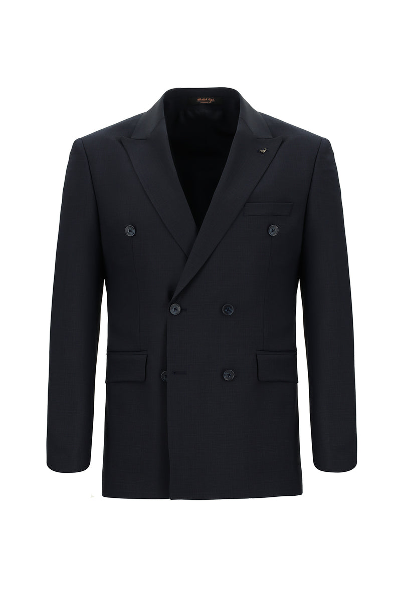 Koyu Lacivert Slim Fit Dar Kesim Yünlü Kuşgözü Kruvaze Takım Elbise