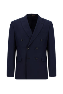 Koyu Lacivert Slim Fit Dar Kesim Yünlü Kruvaze Takım Elbise