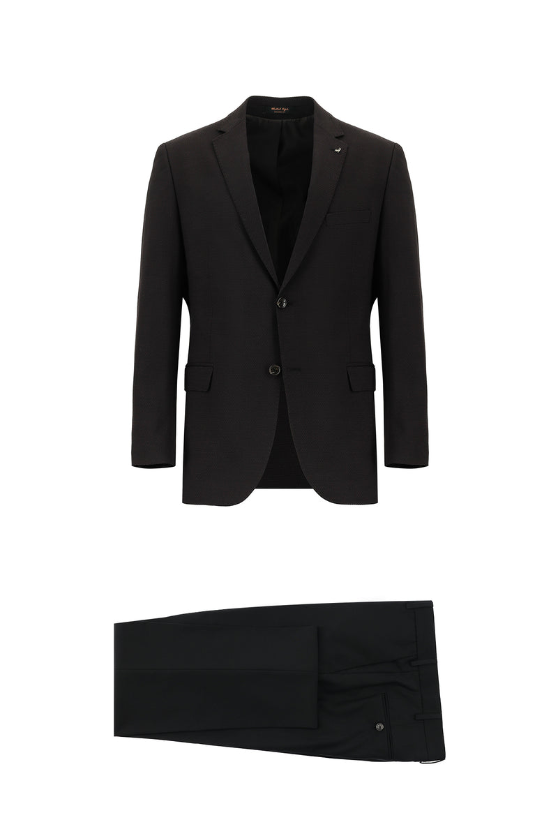 Koyu Kahve Regular Fit Yünlü Desenli Kombinli Takım Elbise