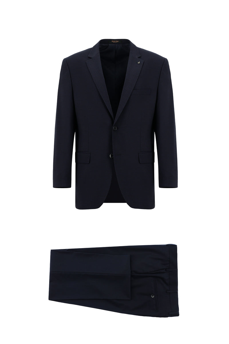 Koyu Lacivert Regular Fit Yünlü Desenli Kombinli Takım Elbise