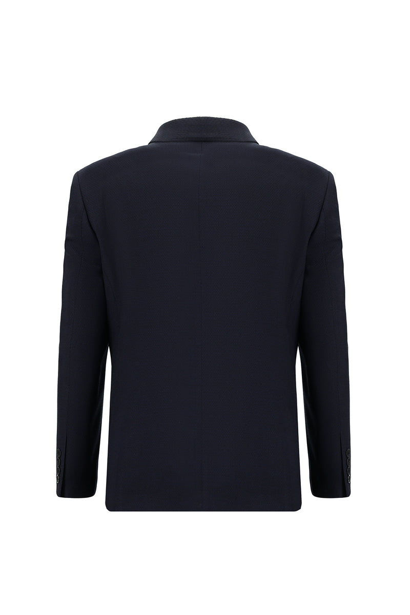 Koyu Lacivert Regular Fit Yünlü Desenli Kombinli Takım Elbise