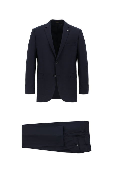 Koyu Lacivert Relaxed Fit Rahat Kesim Yünlü Desenli Kombinli Takım Elbise