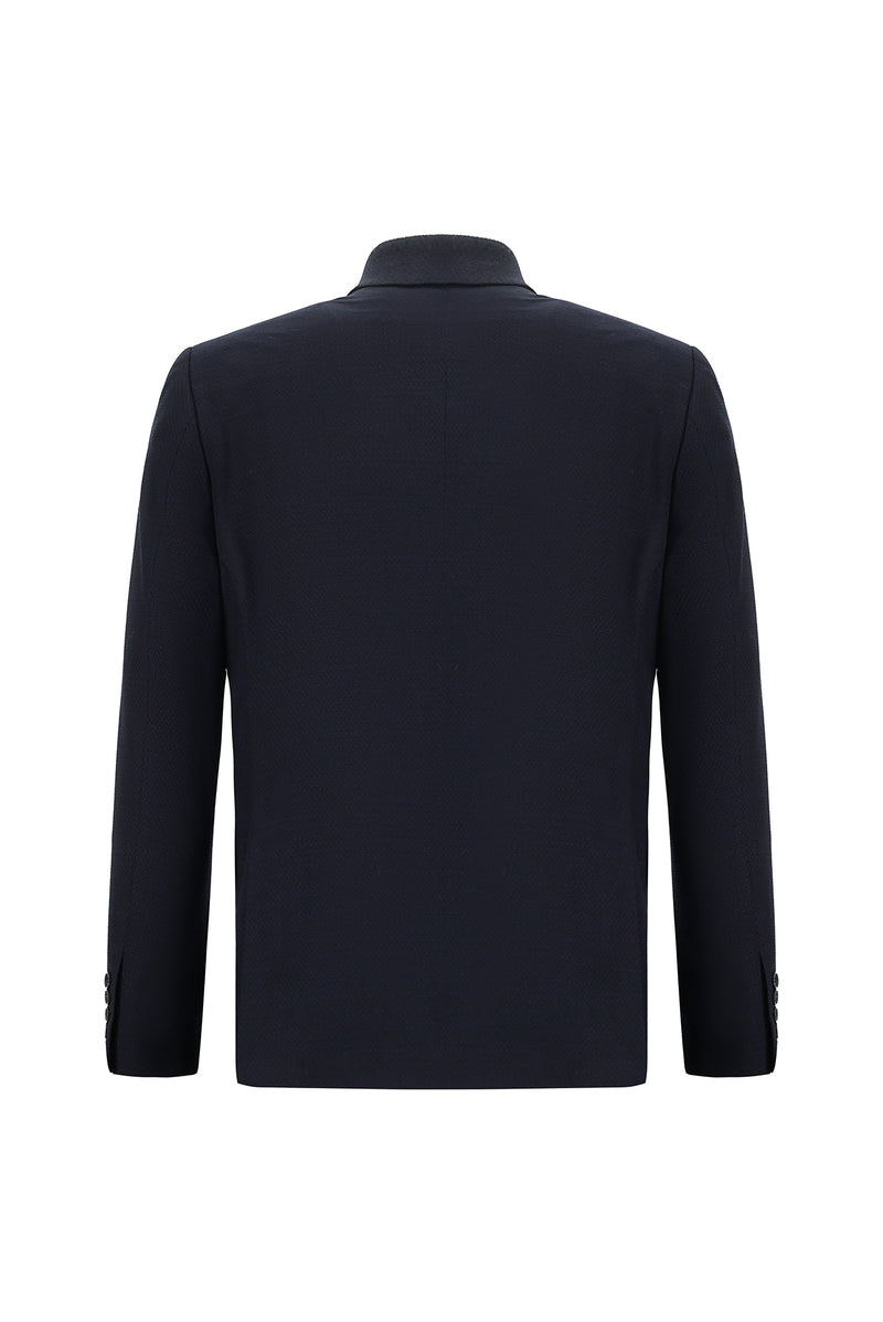 Koyu Lacivert Relaxed Fit Rahat Kesim Yünlü Desenli Kombinli Takım Elbise