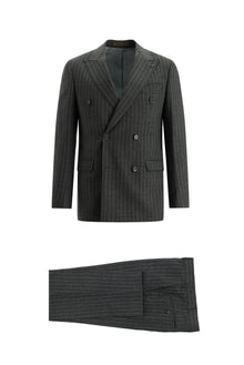 Orta Füme 7 Drop Slim Fit Dar Kesim Kruvaze Çizgili Yün Tak?m Elbise-Abdullah Ki??l?