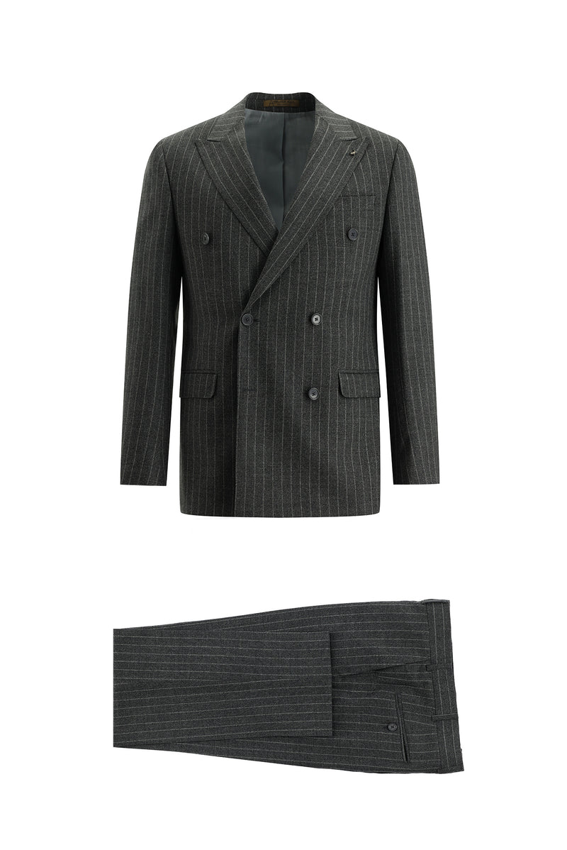 Orta Füme 7 Drop Slim Fit Dar Kesim Kruvaze Çizgili Yün Tak?m Elbise-Abdullah Ki??l?