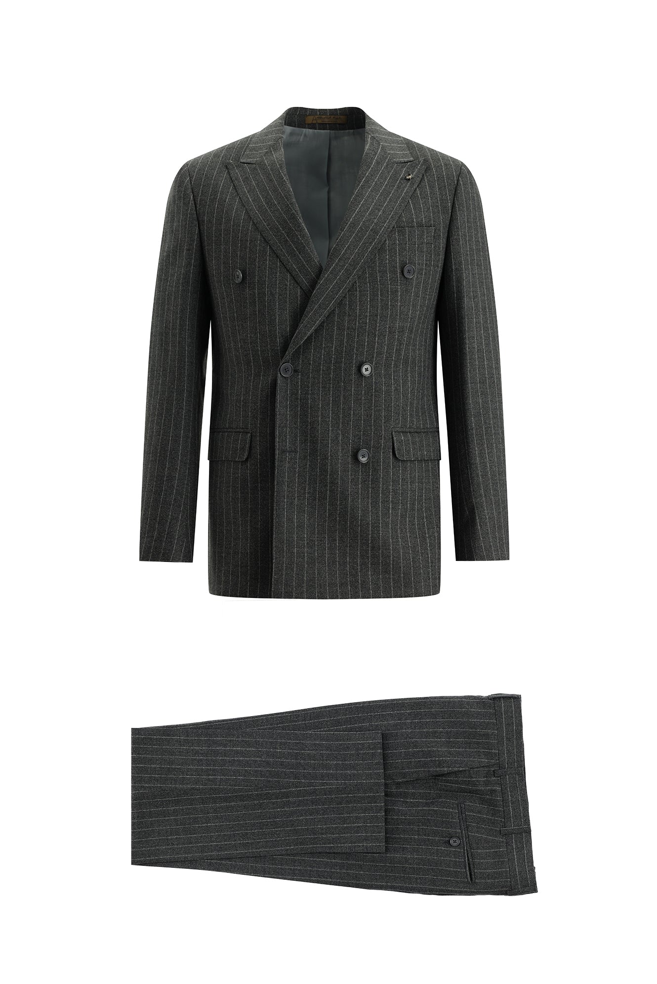 Orta Füme Regular Fit Kruvaze Çizgili Yün Takım Elbise