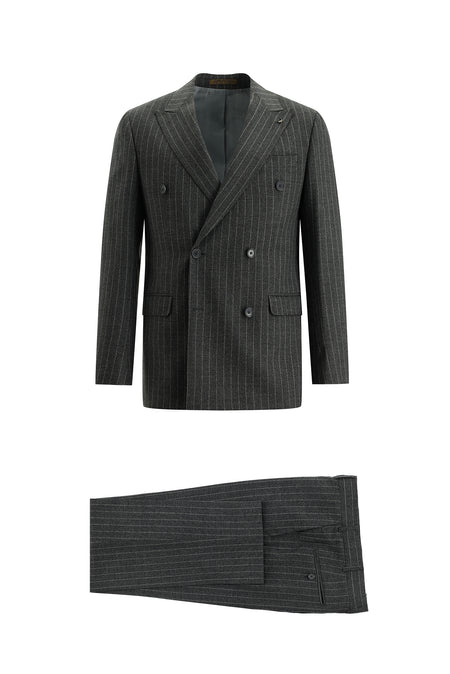 Orta Füme Regular Fit Kruvaze Çizgili Yün Takım Elbise